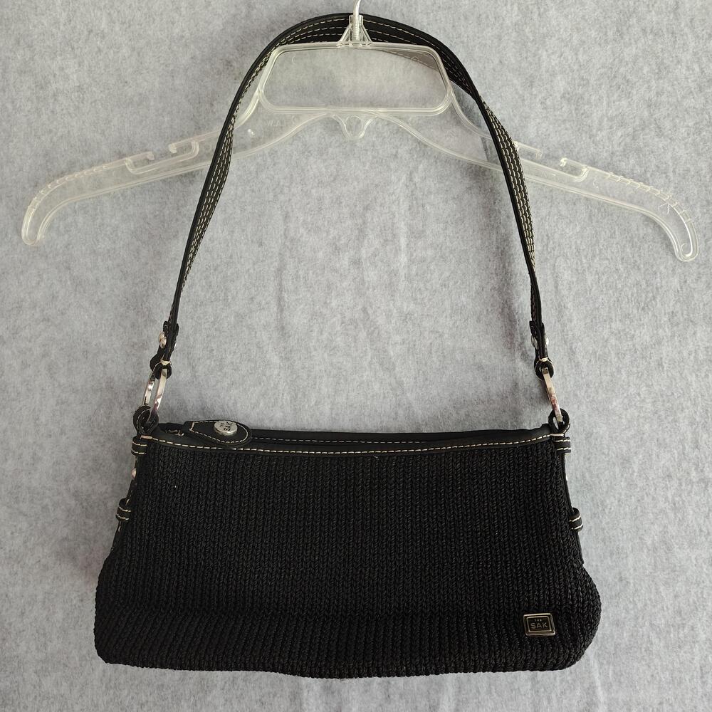 The Sak Shoulder Bag Small Black Knit Crochet Purse Zip Strap Floral Lined